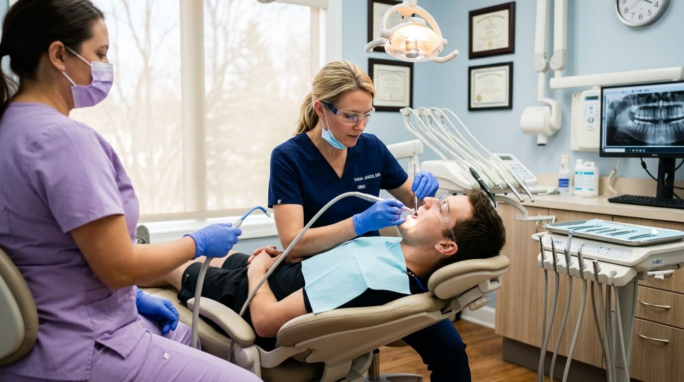 Especialista em implante dentário orientando paciente em Moema